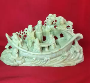 Escultura de piedra jabonosa de los ocho inmortales en un barco China principios del siglo XX - Imagen 1 de 9