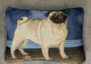 Vintage Tapestry Pillow PUG DOG Linda Picken Brown Blue  - Picture 1 of 4