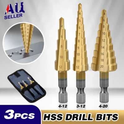 3pcs NEW HSS Steel Step Cone Drill Titanium Bit Set Hole Cutter 3/12mm 4-12/20mm - image 1 of 4