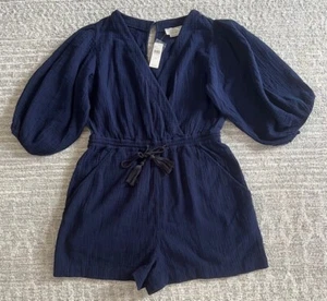 By Anthropologie Women JUMPSUITE shorts Romper Navy Cotton Size M NWT - Picture 1 of 5