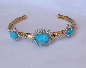 NWOT ALEXIS BITTAR AMAZONITE CABOCHON CRYSTAL 18K GOLD PLATED THIN CUFF BRACELET - Picture 1 of 13