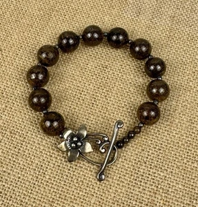 SILPADA Bracelet Silver 925 Bronzite Gemstone Beads With Flower Toggle Clasp - Picture 1 of 8