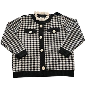 Vintage Y2K Girls Sz 6/7 Cardigan Sweater Black White Gingham Academia Core - Picture 1 of 6