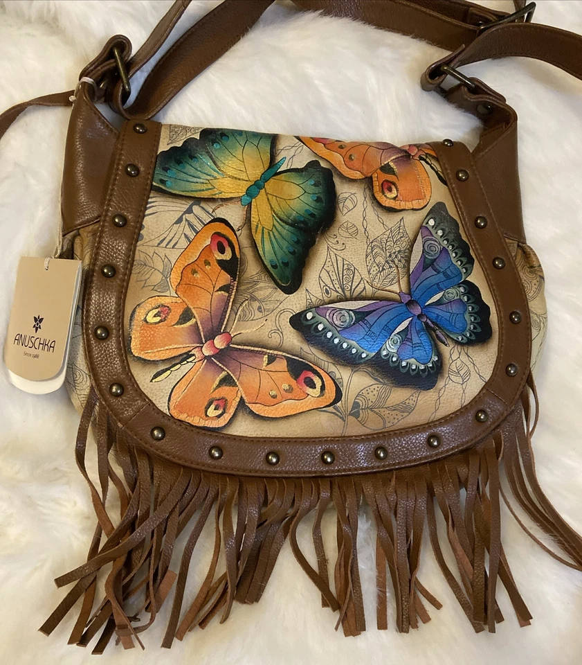 Bolso Anuschka Flecos Solapa Sillín Tierra Canción Mariposas Cuero Pintado a Mano Nuevo con Etiquetas Foto 1 de 4