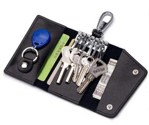 men women key holder card wallet pocket purse bag cow Leather pouch black H909 - Picture 1 of 6