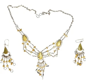 Vintage-Style Green Stone Necklace & Earring Set With Silver Chain For Women - Picture 1 of 6