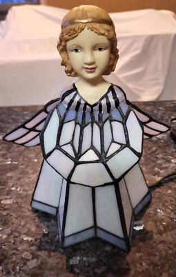 Stained Glass Angel Table Lamp Blue Purple White Irridescent Black 9.5-10 Inches - Image 1 of 4