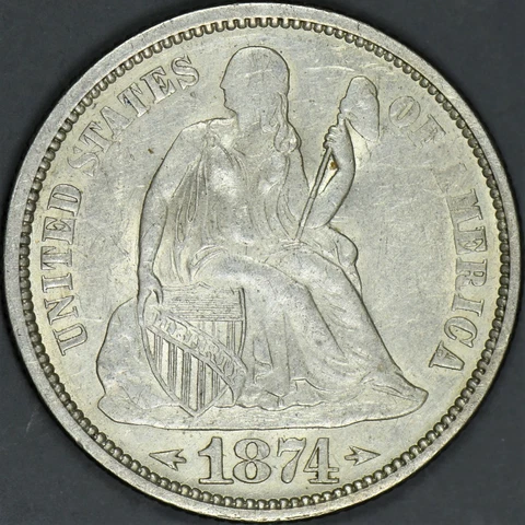 1874 Seated Liberty Dime, a beautiful original high grade Dime Cover