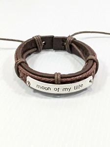 Artisan Brown Braided Leather Moon My Life Silver Tone Bar Adjustable Bracelet - Picture 1 of 4
