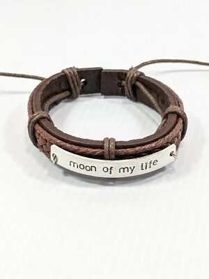 Artisan Brown Braided Leather Moon My Life Silver Tone Bar Adjustable Bracelet - Image 1 of 4