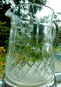 Antique Stourbridge Water Jug Pitcher 1.4ltr Blown Hand Cut Diamond Glass 6 3/8" - Picture 1 of 12