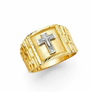 Mens Crucifix Jesus Cross 14k Two Tone Gold Religious Ring Cruzar Oro Anillo - Picture 1 of 1