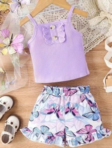 Girls Shorts Set Butterfly Ruffled Summer Outfit w/Pockets NEW - Picture 1 of 6