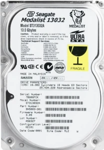 FESTPLATTE SEAGATE MEDALIST 13032 ST313032A 13GB 5400U/min ATA IDE 2MB 3.5" Zoll - Bild 1 von 3