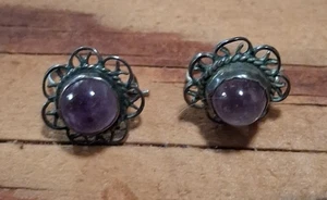 Orecchini argento fatti a mano ametista cabachon traforati vintage delicati delicati - Foto 1 di 7
