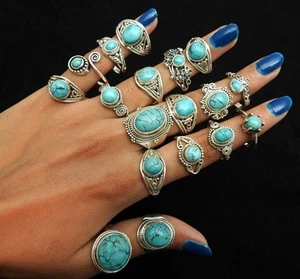 Turchese Naturale Gemma Anelli Lotto All'Ingrosso 925 Argento Mano Boho Jewelry - Afbeelding 1 van 11