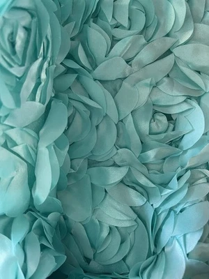 Sale! Light Turquoise Blue Satin Rosette Embroidery Mesh Floral Fabric - Image 1 of 3