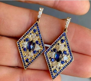 Oval Style Sapphire & Lab Created Diamond Wedding 14K Yellow Gold Plated Earring - Picture 1 of 6