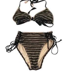 Xhilaration Black Beige Crochet High Waist Bikini Swimsuit Size medium - Picture 1 of 7
