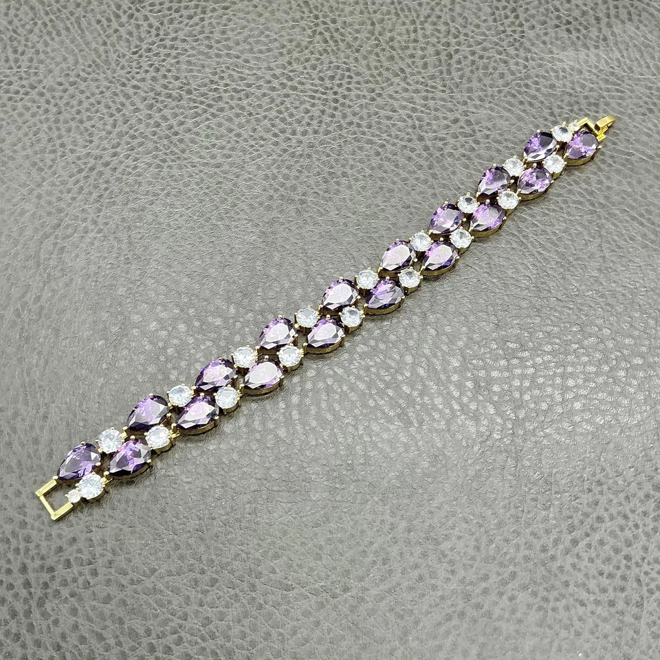 Brazalete Disfraz Eslabón Cristal Lágrima Amatista Tono Dorado Corte Pera Mujer 8" Foto 1 de 4