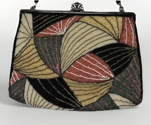 Vintage Art Deco Style Beaded Clutch Purse Gemstone Clasp Mirror Inside Satin - Picture 1 of 19