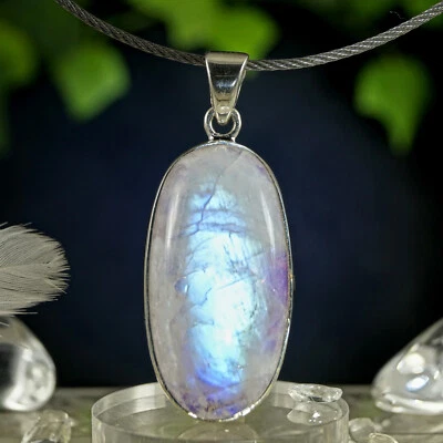 Regenbogen Mondstein Anhänger Silber 925 Labradorit weiß Purpur Flash 41mm 52ct - Bild 1 von 4