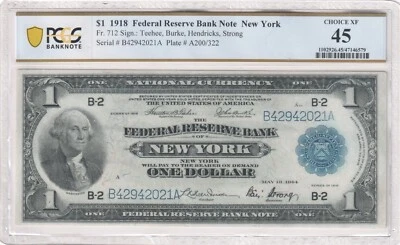 1918 $1 Federal Reserve Bank Note New York Fr#712 - PCGS 45 Choice XF - Image 1 of 3