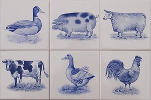 15x15 Küchenfliesen Delfter Art,Bauernhoftiere Schwein Gans Pferd Ziege Kuh Ente - Picture 1 of 3