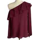 MAETTE Maroon Red Ruffle Trim One Shoulder Blouse Size XS Business Casual