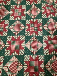 Vtg  Cotton Fabric Patchwork Christmas Print Blocks Trees Burgundy Green 1.5 YD - Picture 1 of 1