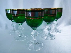 Crystalite Bohemia Czech Liquer Green glass 60 ml. with gold - 6 pcs - Picture 1 of 4