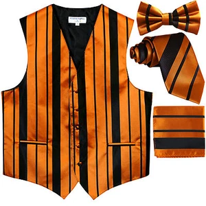 New Men's stripes Tuxedo Vest Waistcoat & necktie & Bow tie & Hankie Black Gold - Bild 1 von 5