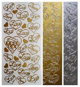 LOVE HEARTS Peel Off Stickers Card Making Wedding Valentine Gold or Silver
