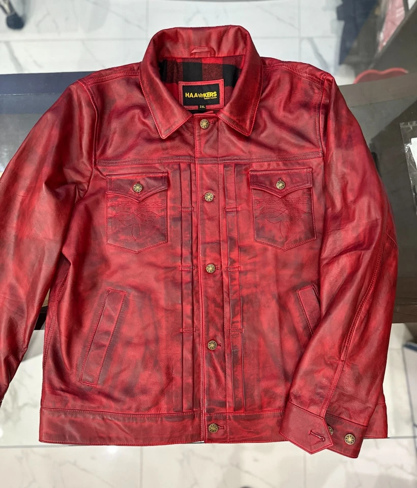 Mens Red Distressed Leather Bikers Trucker Jacket,  Leather Jacket - Image 1 of 4