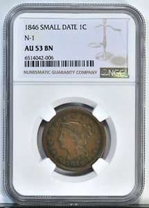 1846 SMALL DATE N-1 Braided Coronet Large Head Cent NGC GRADED AU53 BN 397608 - Picture 1 of 2
