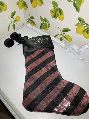 Victoria’s Secret Pink Black Striped Sequin Bling Christmas Stocking - Image 1 of 4
