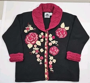 Storybook Knits "Rose Garden" Cardigan Sweater Limited Edition Black  Sz 1X EUC - Picture 1 of 9