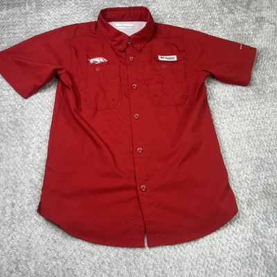 Columbia Arkansas Razorbacks Pfg Shirt Youth Medium Red Short Sleeve Button Down - Image 1 of 4