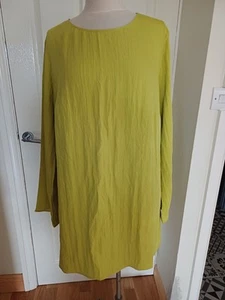 H&M Lime Green CRINKLE EFFECT Loose Fit MINI DRESS Long Tunic TOP XL 16 18 - Picture 1 of 6