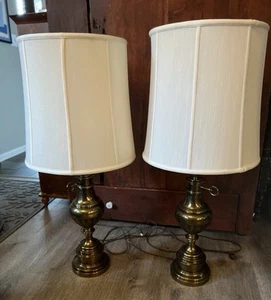 Stiffel XL Mid Century Hollywood Regency Gold Solid Brass Table Lamp Set Pair - Picture 1 of 24