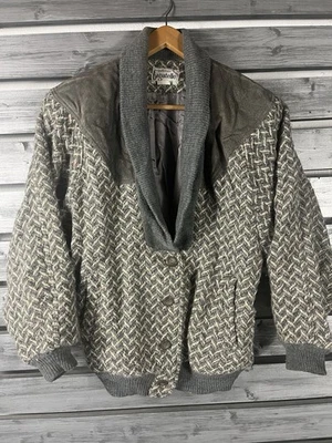 Винтажный 90-х Куртка Пальто женщин M серый шерсти/кожи Твидовый шаль воротник - Изображение 1 из 4