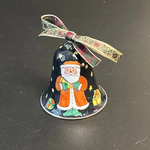 Vtg Santa Claus Bell Cloisonne Enamel Christmas Ornament Stars Moon Ribbon - Picture 1 of 7