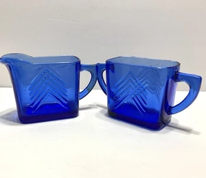 Vintage blau Chevron Kobalt Milchkännchen & Zucker Hasel Atlas Depression Glas MCM - Bild 1 von 10