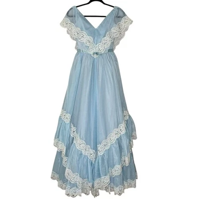 Vintage 70s Prairie Maxi Dress Gown Chiffon Lace Ruffles Light Blue Size XS - Image 1 of 4