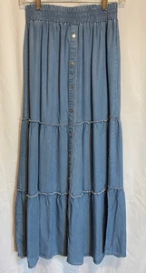 Neu mit Etikett Chambray Stufen Midirock Gr. S Knöpfe Schreibwaren elastischer Bund aus Lyocel - Bild 1 von 24