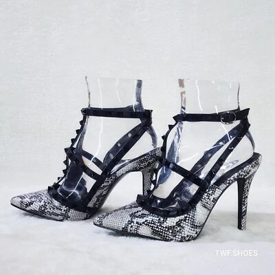 Caged Black White Snake Print Studded Strappy Stiletto High Heel Shoes - Image 1 of 4