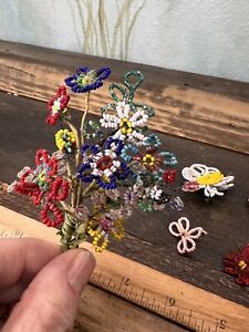 Antique Vintage Lot Glass Beaded Flowers France Italy Miniature