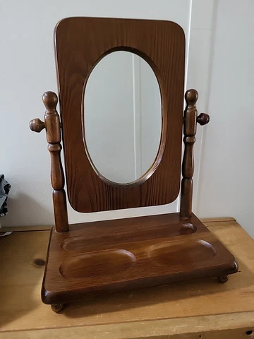 Vtg 50s 60s Shaving Mirror Wood With Tray Cover