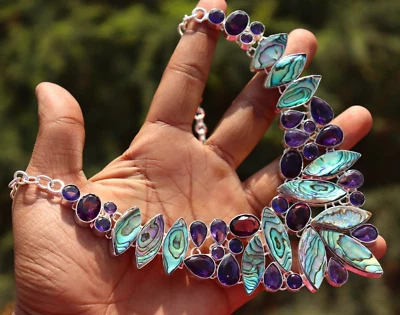 Green Abalone & Amethyst gemstone 925 sterling silver jewelry Necklace 18" - Изображение 1 из 4