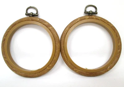 Vintage Cross Stitch Frame Round Hoop Wood Grain Plastic 3in Wall Hanging Mini - Image 1 of 4